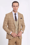 Men's Wheat Beige Windowpane Check 3-Piece Slim Fit Combination Suit