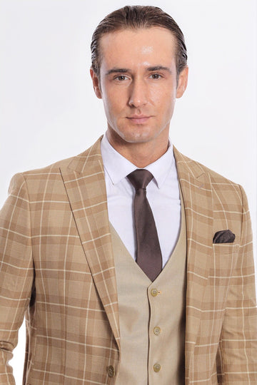 Men's Wheat Beige Windowpane Check 3-Piece Slim Fit Combination Suit