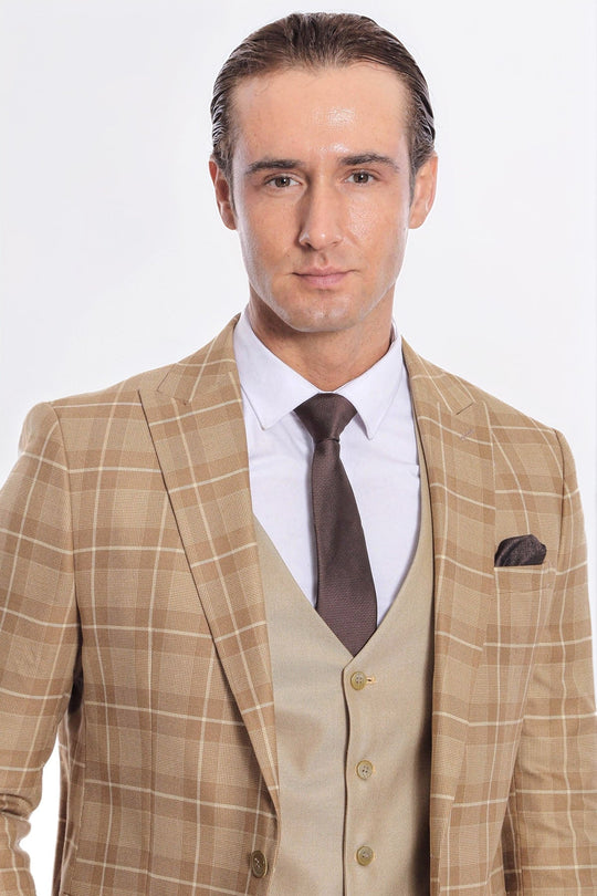 Men's Wheat Beige Windowpane Check 3-Piece Slim Fit Combination Suit