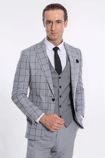 Men's Grey Windowpane Check 3-Piece Slim Fit Combination Suit