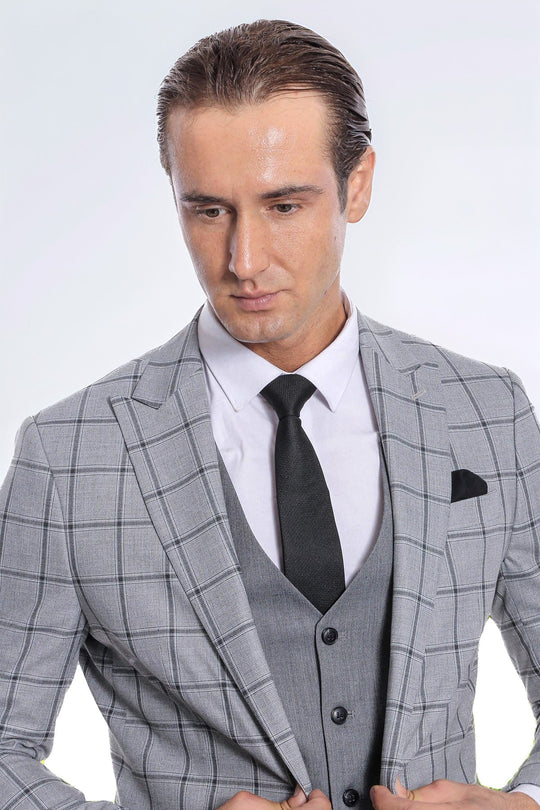 Men's Grey Windowpane Check 3-Piece Slim Fit Combination Suit