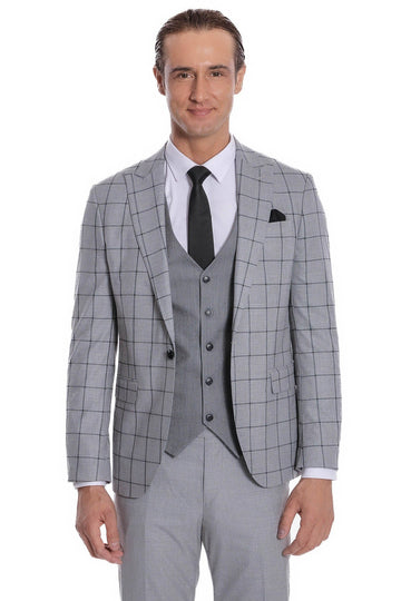 Men's Grey Windowpane Check 3-Piece Slim Fit Combination Suit