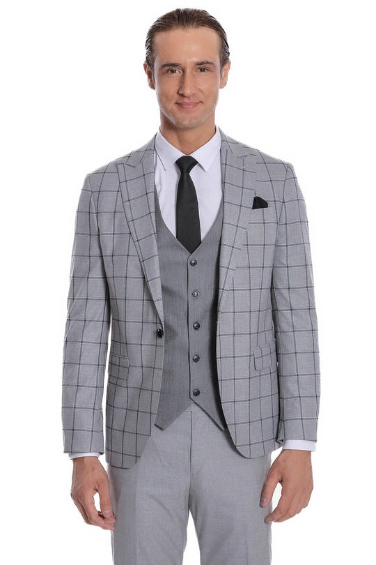 Men's Grey Windowpane Check 3-Piece Slim Fit Combination Suit