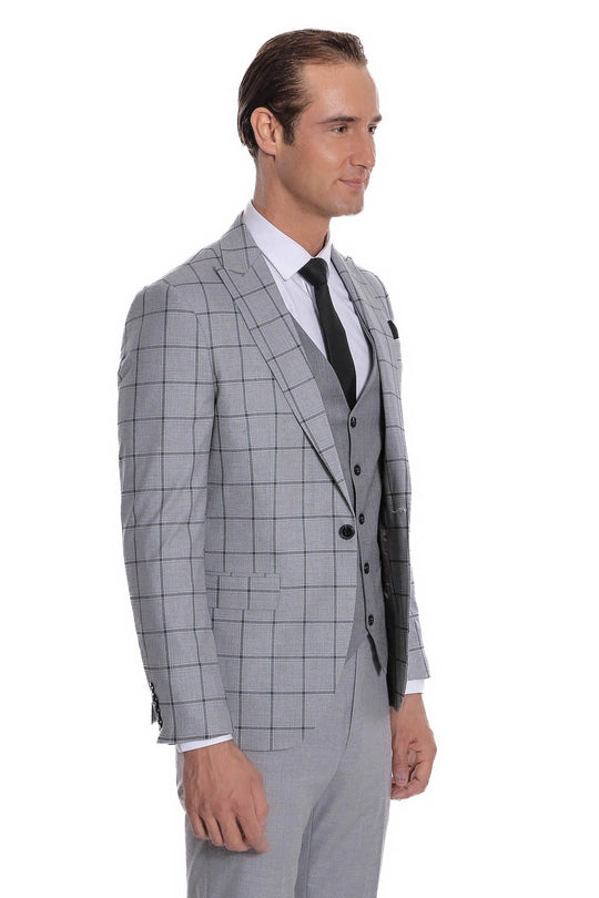 Men's Grey Windowpane Check 3-Piece Slim Fit Combination Suit