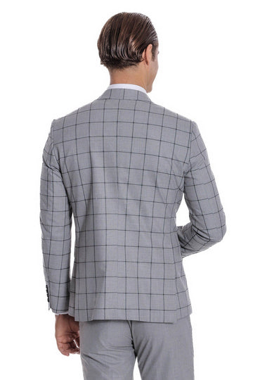 Men's Grey Windowpane Check 3-Piece Slim Fit Combination Suit