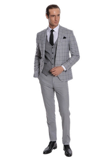 Men's Grey Windowpane Check 3-Piece Slim Fit Combination Suit