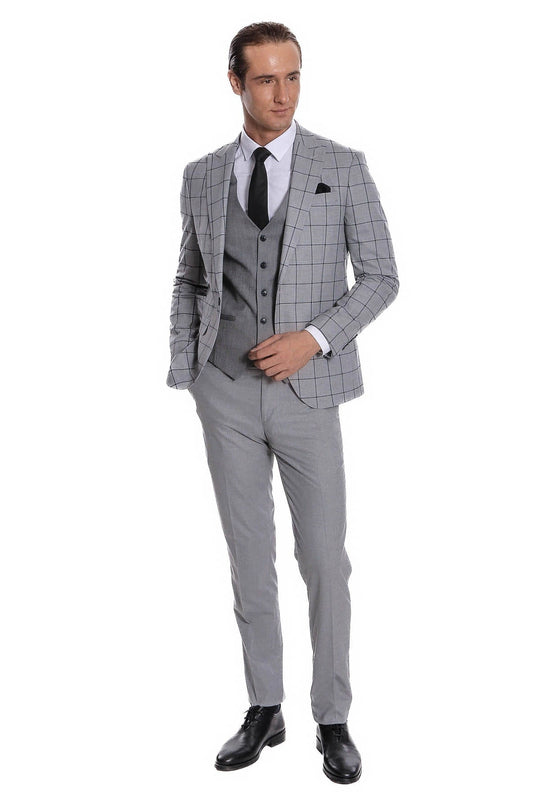 Men's Grey Windowpane Check 3-Piece Slim Fit Combination Suit