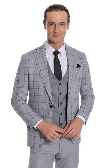 Men's Grey Windowpane Check 3-Piece Slim Fit Combination Suit