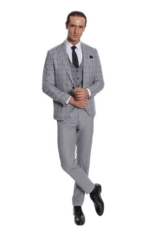 Men's Grey Windowpane Check 3-Piece Slim Fit Combination Suit