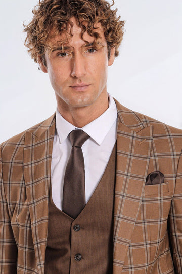 Men's Tan Brown Windowpane Check 3-Piece Slim Fit Combination Suit