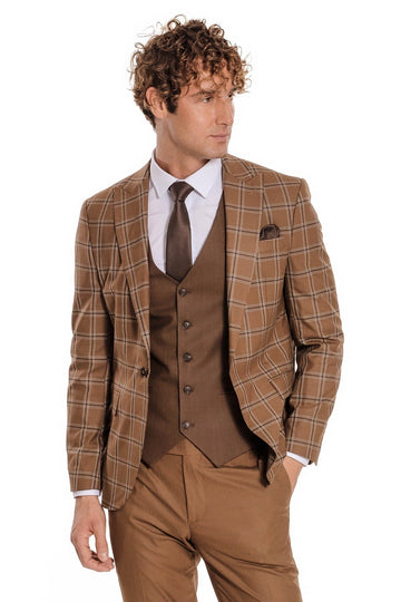 Men's Tan Brown Windowpane Check 3-Piece Slim Fit Combination Suit