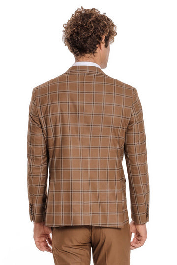 Men's Tan Brown Windowpane Check 3-Piece Slim Fit Combination Suit