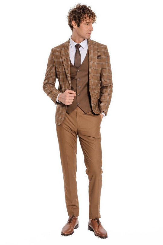 Men's Tan Brown Windowpane Check 3-Piece Slim Fit Combination Suit