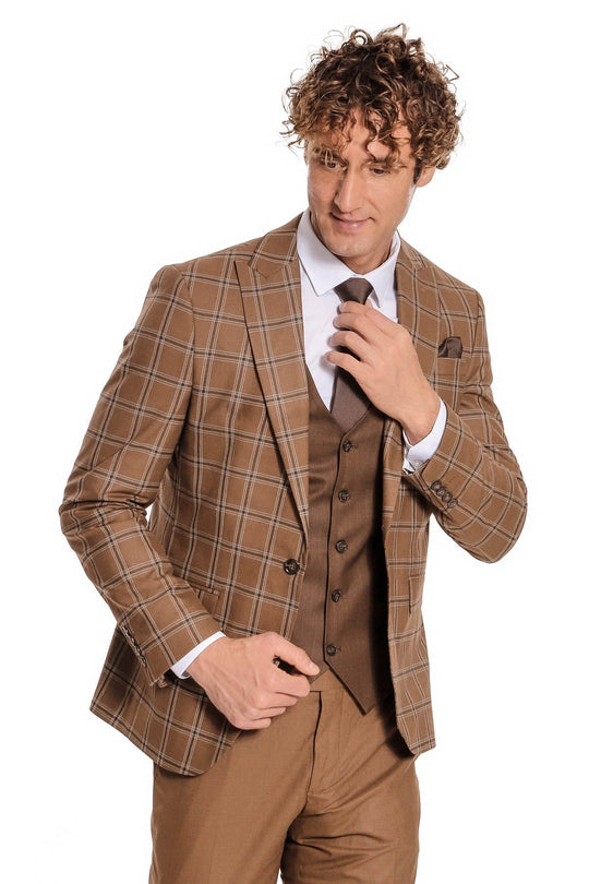 Men's Tan Brown Windowpane Check 3-Piece Slim Fit Combination Suit