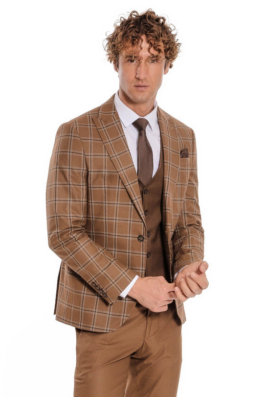 Men's Tan Brown Windowpane Check 3-Piece Slim Fit Combination Suit