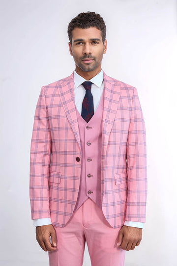 Men's Candy Pink Windowpane Check 3-Piece Slim Fit Combination Suit