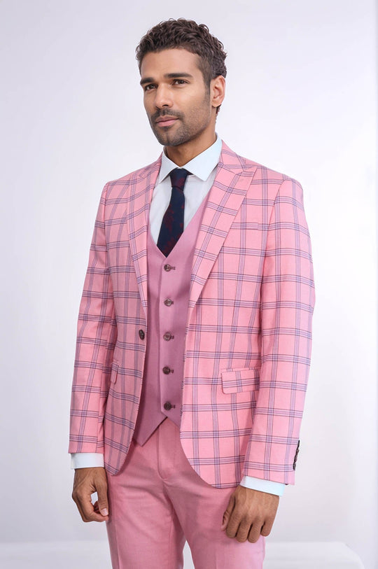 Men's Candy Pink Windowpane Check 3-Piece Slim Fit Combination Suit