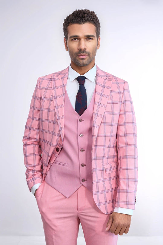 Men's Candy Pink Windowpane Check 3-Piece Slim Fit Combination Suit