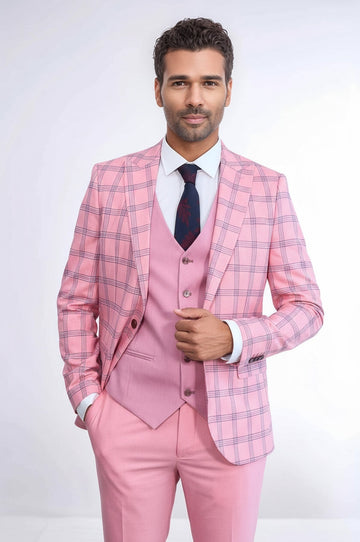 Men's Candy Pink Windowpane Check 3-Piece Slim Fit Combination Suit