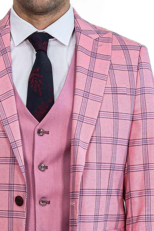 Men's Candy Pink Windowpane Check 3-Piece Slim Fit Combination Suit
