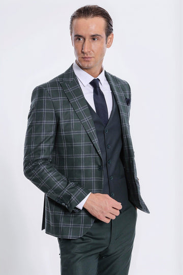 Men's Green Windowpane Check 3-Piece Slim Fit Combination Suit