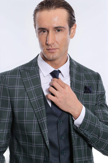 Men's Green Windowpane Check 3-Piece Slim Fit Combination Suit