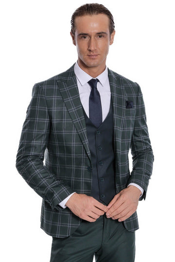 Men's Green Windowpane Check 3-Piece Slim Fit Combination Suit