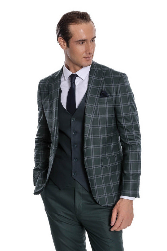 Men's Green Windowpane Check 3-Piece Slim Fit Combination Suit
