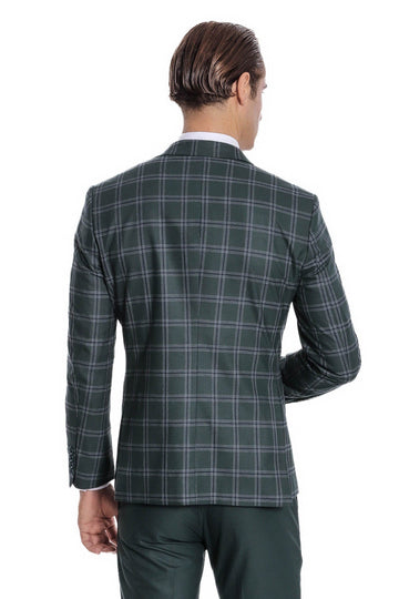 Men's Green Windowpane Check 3-Piece Slim Fit Combination Suit