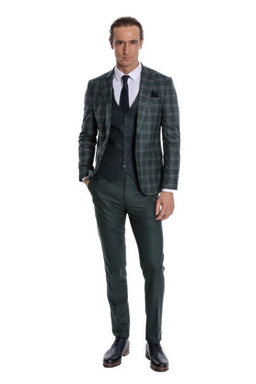 Men's Green Windowpane Check 3-Piece Slim Fit Combination Suit