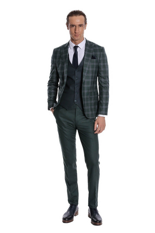 Men's Green Windowpane Check 3-Piece Slim Fit Combination Suit