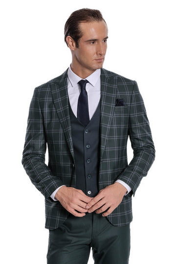 Men's Green Windowpane Check 3-Piece Slim Fit Combination Suit