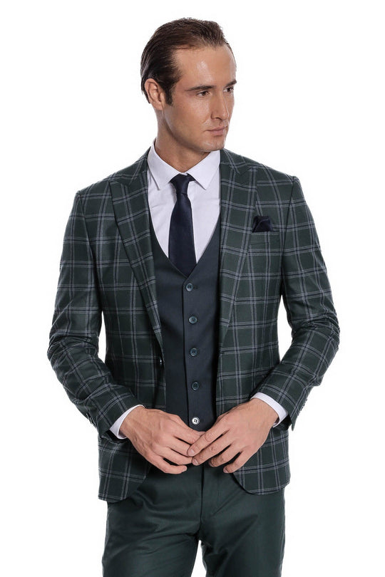 Men's Green Windowpane Check 3-Piece Slim Fit Combination Suit