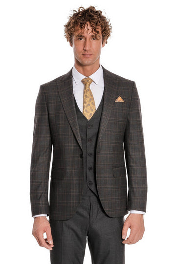 Men's Anthracite Windowpane Check 3-Piece Slim Fit Suit