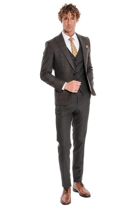 Men's Anthracite Windowpane Check 3-Piece Slim Fit Suit