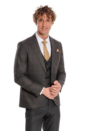 Men's Anthracite Windowpane Check 3-Piece Slim Fit Suit