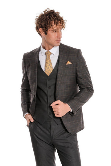Men's Anthracite Windowpane Check 3-Piece Slim Fit Suit