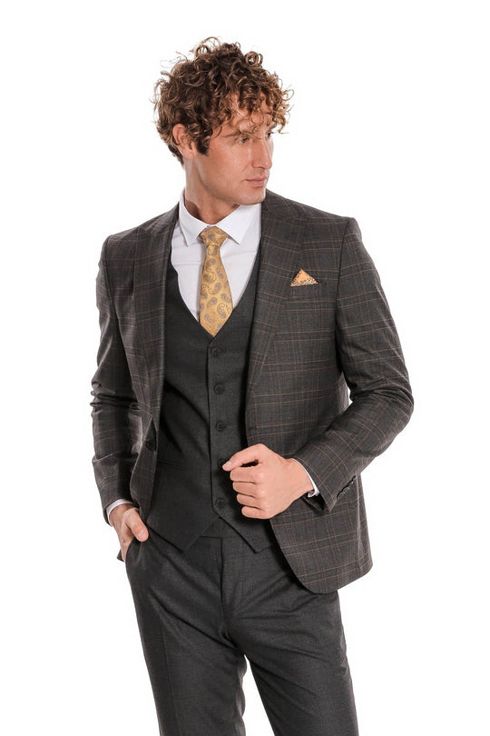 Men's Anthracite Windowpane Check 3-Piece Slim Fit Suit