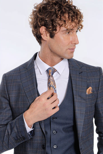 Men's Navy Blue Windowpane Check 3-Piece Slim Fit Suit