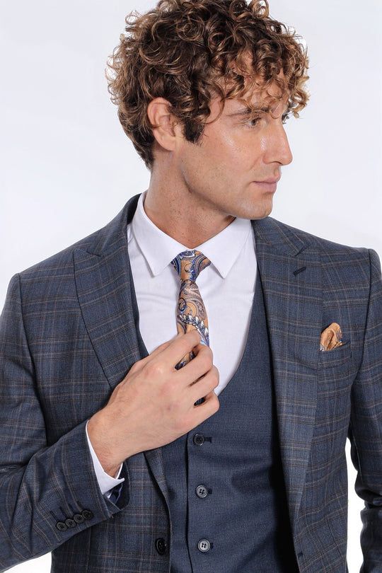 Men's Navy Blue Windowpane Check 3-Piece Slim Fit Suit