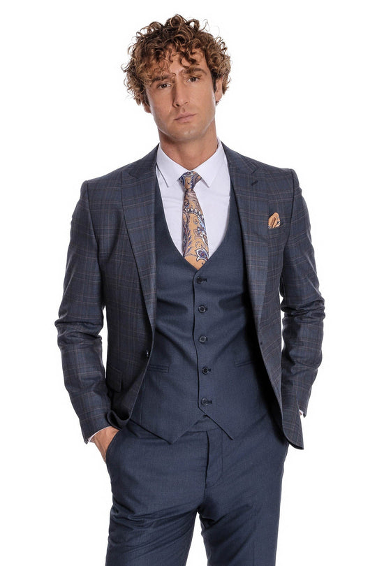 Men's Navy Blue Windowpane Check 3-Piece Slim Fit Suit