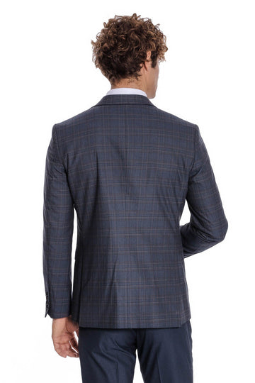 Men's Navy Blue Windowpane Check 3-Piece Slim Fit Suit
