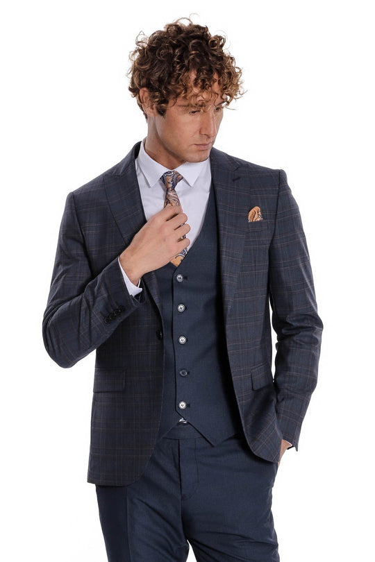 Men's Navy Blue Windowpane Check 3-Piece Slim Fit Suit