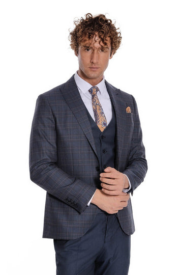 Men's Navy Blue Windowpane Check 3-Piece Slim Fit Suit