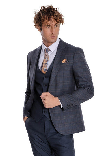 Men's Navy Blue Windowpane Check 3-Piece Slim Fit Suit