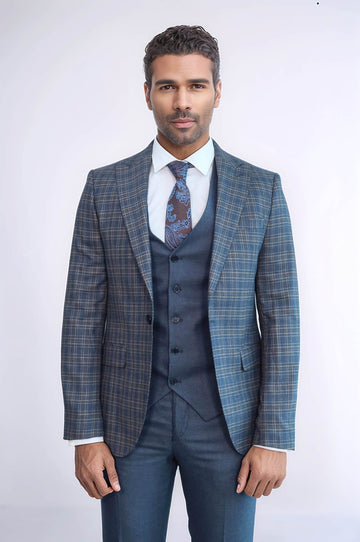 Men's Blue Glen Plaid 3-Piece Slim Fit Combination Suit