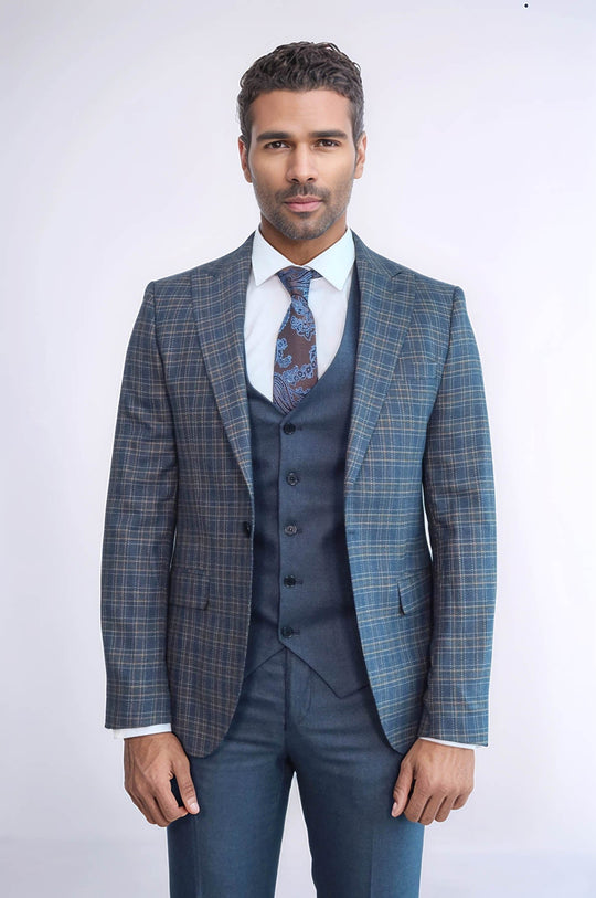 Men's Blue Glen Plaid 3-Piece Slim Fit Combination Suit