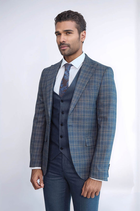 Men's Blue Glen Plaid 3-Piece Slim Fit Combination Suit