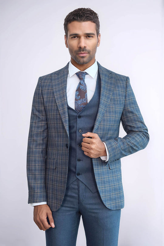 Men's Blue Glen Plaid 3-Piece Slim Fit Combination Suit