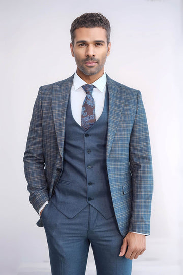 Men's Blue Glen Plaid 3-Piece Slim Fit Combination Suit